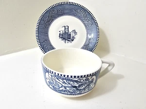 VINTAGE CURRIER AND IVES TASSE & UNTERTASSE BLAU & WEISS ROYAL CHINA DAMPFBOOT - Bild 1 von 12