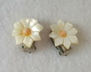 Vintage Mother of Pearl Flower w Pink Coral CLIP-ON Earrings
