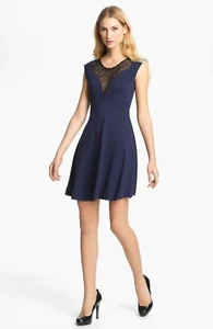 NWT $178 French Connection Alicia Lace Inset Dress, Size 10 - Blue/Black - Picture 1 of 6