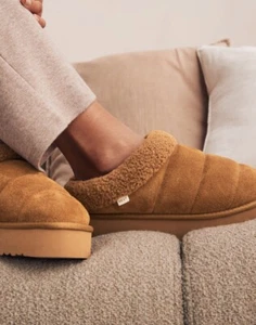 Women’s Real Suede Tan Brown Borg Flatform Shoot Slippers Size 7/41-BNWT - Picture 1 of 5