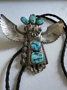 SUPER RARE!!! BOLO TIE Great Vtg Navajo Kachina Large Sterling Silver Turquoise - Picture 1 of 24