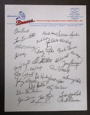 1961 MILWAUKEE BRAVES team letterhead autograph sheet baseball promotional - Image 1 of 4