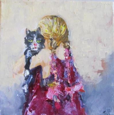 Girl and Cat – 8x8 Original Oil Painting, Childhood Memories Handcrafted Art - Image 1 of 4