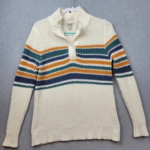 LL Bean Sweater Womens Medium Rope Stitch Shaker Striped Henley Chunky Preppy - Picture 1 of 9