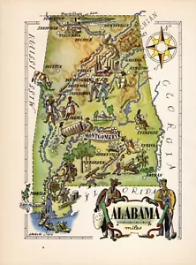 1950s Vintage ALABAMA State Map Animated Picture Map of Alabama #1939 - Picture 1 of 3