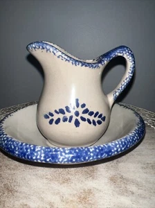 Set LOOMCO Blue Spongeware mini Pitcher wBowl Pottery Flower Design Vintage EUC - Picture 1 of 10