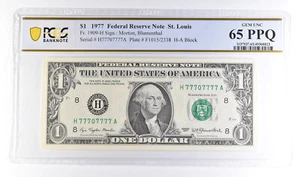 1977 $1 St Louis MO FRN Fr#1909-H Gem Unc 65 PPQ PCGS Near Solid 7 Serial *6131 - Picture 1 of 3