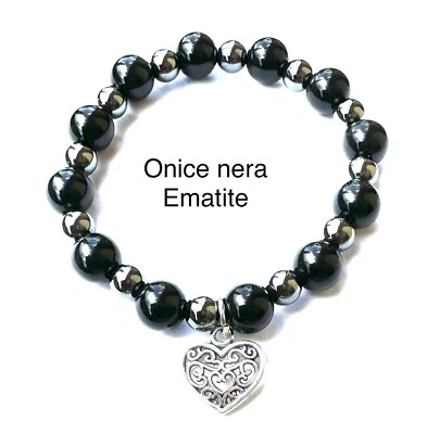 Bracciale Elastico Onice Nera E Ematite Con Cuore Metallo Cristalloterapia - Immagine 1 di 3