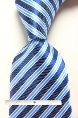 Новый классический в полоску синий белый JACQUARD сплетенный 100% шелк мужской галстук галстук - Изображение 1 из 4