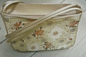 GOLD BOXY SHOULDER BAG TIANNI ASIAN INSPIRED CANVAS SILK PEONY EMBROIDERY ZIP - Picture 1 of 9