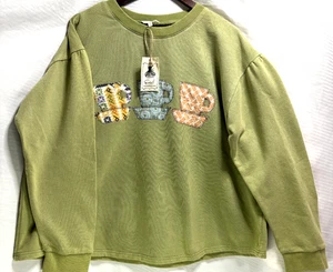 Easel Green Teacup Sweatshirt 1X NWT French Terry Long Sleeve Pullover Top - Picture 1 of 14