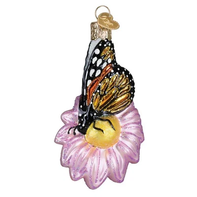 Old World Christmas MONARCH BUTTERFLY ON FLOWER (12716) Glass Ornament w/OWC Box