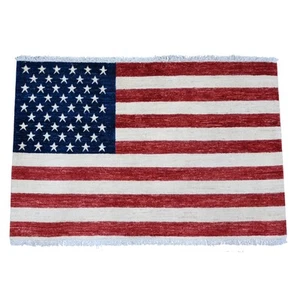 2'6"x4' Red American Flag Hand Knotted All Wool Peshawar Wall Hanging Rug G89803 - Picture 1 of 6