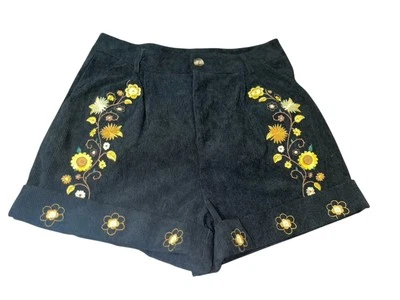 Pantalones Cortos ROMWE Para Mujer Talla Mediana Negros Pana Amarillo Bordado Floral Foto 1 de 4