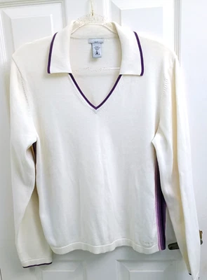 Suéter Izod Talla XL Mujer’s Principios 2000’s Vintage Manga Larga Blanco/Ciruela Borde Foto 1 de 4