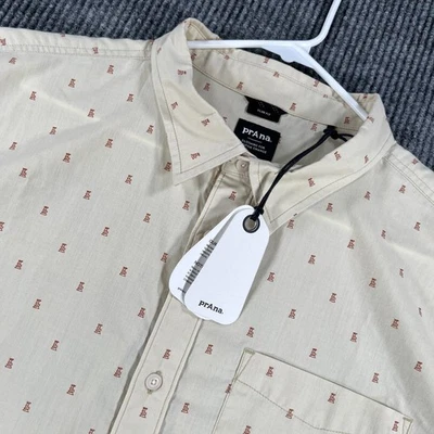 Camisa Prana Para Hombres 2XL XXL Marfil Geométrica Manga Corta Abotonada Calce Ajustado Nueva Foto 1 de 4