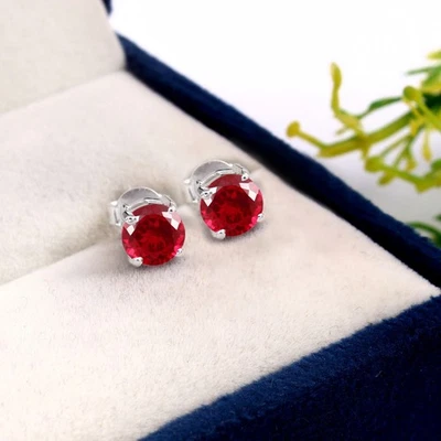 Buona Qualità Rubino Rotondo 6x6 MM, 925 Argento Massiccio Orecchini, July Gemma - Immagine 1 di 4