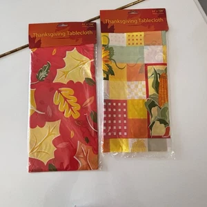 2/Vtg Retro Thanksgiving 54x108 Plastic Tablecloth Sunflower, Oak Leaves - Picture 1 of 7