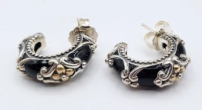Barbara Bixby Hoop Earrings 18k & 925 Sterling Silver Floral Black Enamel - Image 1 of 4