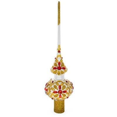 Red Jeweled Stars Gold Pattern on White Mouth Blown Glass Tree Topper 11 Inches - Image 1 of 4