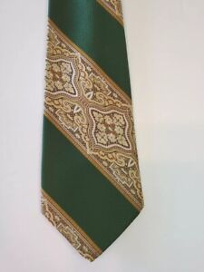 Vintage 1980s Brown  & Green Men's Tie From 4" Wide Stripes With Design 