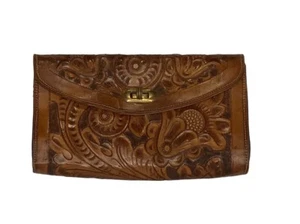 Vintage Gaitan Tooled Leather Clutch Brown Hand Carved Floral - Picture 1 of 10