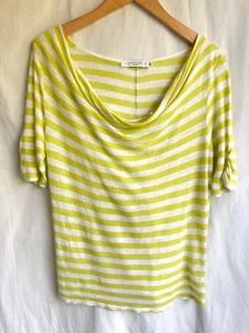 JOHN LEWIS 100% Linen Cowl Neck White Neon Yellow Stripes Top Size 10 Holiday - Picture 1 of 13