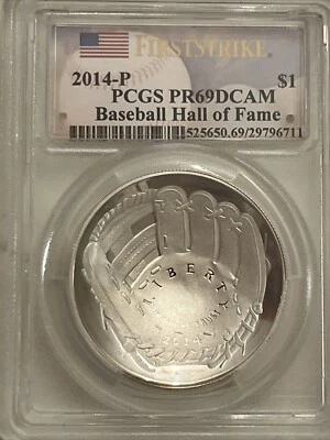 2014-P PCGS PR69DCAM Baseball Hall Of Fame Silver Dollar First Strike. - Image 1 of 3