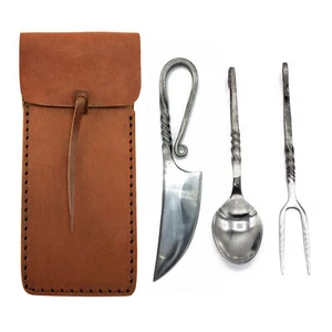 Cubiertos Fuhrmanns cuchillo tenedor cuchara acero inoxidable con bolsa de cuero comida medieval - Imagen 1 de 6