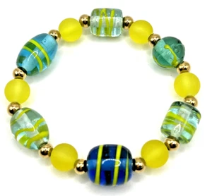 7.5" Chunky Art Glass Lampwork Beaded Stretch Bracelet Gold Stainless Steel - Picture 1 of 5