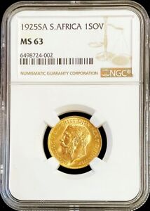 1925 SA GOLD SOUTH AFRICA KING GEORGE V 7.988 GRAMS SOVEREIGN NGC MINT STATE 63