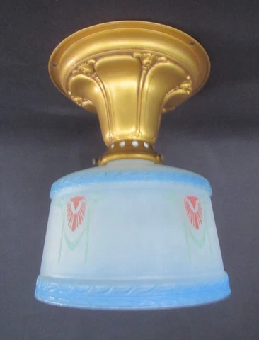 Vintage Art Nouveau Painted Glass Shade Light Fixture Flush Mount  FX334 Cover