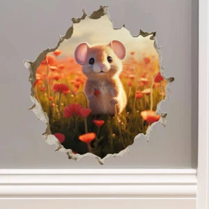 Mouse With Flowers In Mouse Hole 3D Hole Wall Vinyl Sticker Decal - Picture 1 of 5
