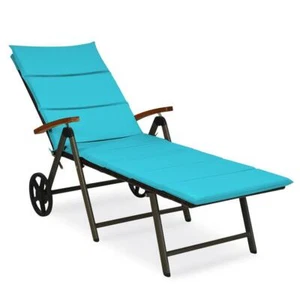 Brown Aluminum Reclining Rattan Outdoor Chaise Lounge with Wheels and Turquoise - Picture 1 of 12