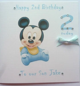 Personalised Hand made 6 inch square ( Boy) Mickey Mouse 1-9 Birthday card  - Picture 1 of 1