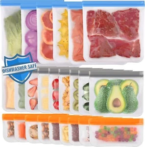 24 Pcs Dishwasher Safe Reusable Bags Silicone Extra Thick Leakproof Freezer Bags - Picture 1 of 6