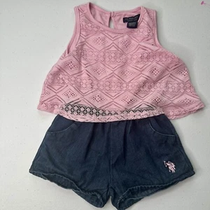 US Polo Assn. One-Piece Romper Sleeveless Short Pink 4T Lace Denim - Toddler - Picture 1 of 7