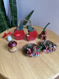 Set Of Six Folk Art Apple Bell And Wreath Ornaments Brown And Red Theme Teacher - Picture 1 of 10