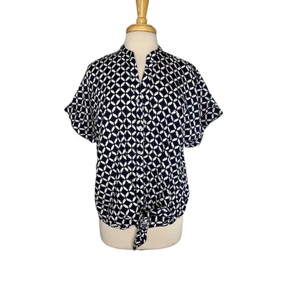 Blusa CHARTER CLUB Lino Azul Blanco Estampado Geométrico Grande Corbata Frontal Abotonada Foto 1 de 4