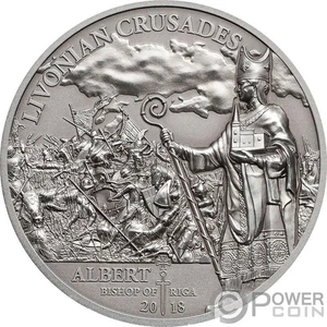 Moneda de plata LIVONIAN CRUSADE Northern History 1 OZ 5$ Islas Cook 2018 - Imagen 1 de 4