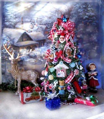 Dollhouse Miniature Artisan Whimsical Christmas Tree with elf + Skirt & 3 Gifts - Image 1 of 4