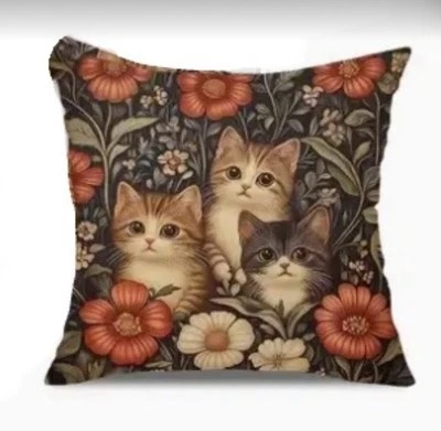 William Morris Abstract Floral Cat Design Linen Throw Pillow Cover Home Decor - Image 1 of 4