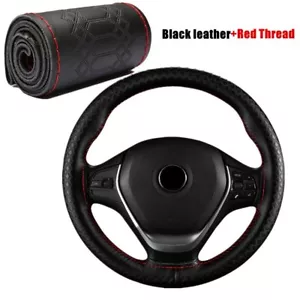 Black & Red Thread 38cm Universal Genuine Leather DIY Car Steering Wheel Cover - Foto 1 di 7