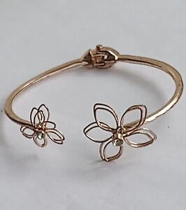 Flower Clamper Bracelet Modernist Minimalist Open Work Hinged Rose Gold Tone 