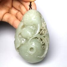 3.5 inch Old Chinese Hetian Jade Hand Carving Lotus leaf Fish Pendant Collection