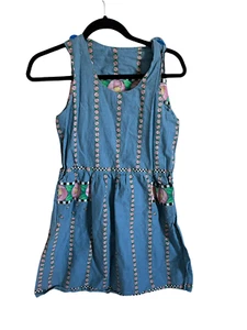 Vtg HANDMADE Girls Dress Floral MARY ENGELBREIT Jumper Front Pocket Blue Kids L - Picture 1 of 3
