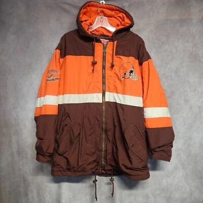 Chaqueta acolchada parka larga de invierno vintage años 90 nuez moscada NFL Cleveland Browns para hombre L Foto 1 de 4