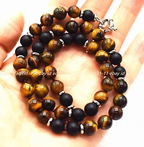 Handmade Natural 8mm Tiger's Eye Black Matte Agate Gems Round Beads Necklace - Picture 1 of 12
