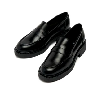 Schuh New Ladies Black Shoes Chunky Leather Slip On Loafers Women's UK Size 5 - Picture 1 of 8