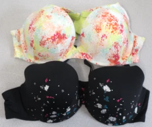 Lot of 2 Cacique bra 44D padded boost plunge - black floral / colorful design - Picture 1 of 9